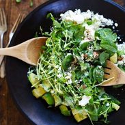 Green Goddess Detox Salad - avocado, almonds, spinach, pea shoots, and healthy homemade Green Goddess dressing. Healthy + yummy. | pinchofyum.com
