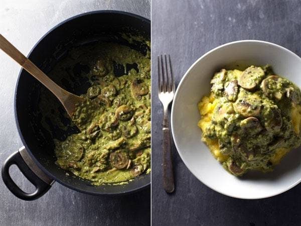 Creamy Poblano Mushrooms with Polenta in a black pan and a white bowl.