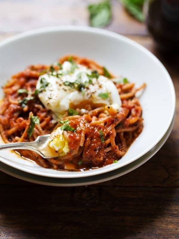 Spaghetti Marinara with Poached Eggs - this is my new thing. SO good! | pinchofyum.com