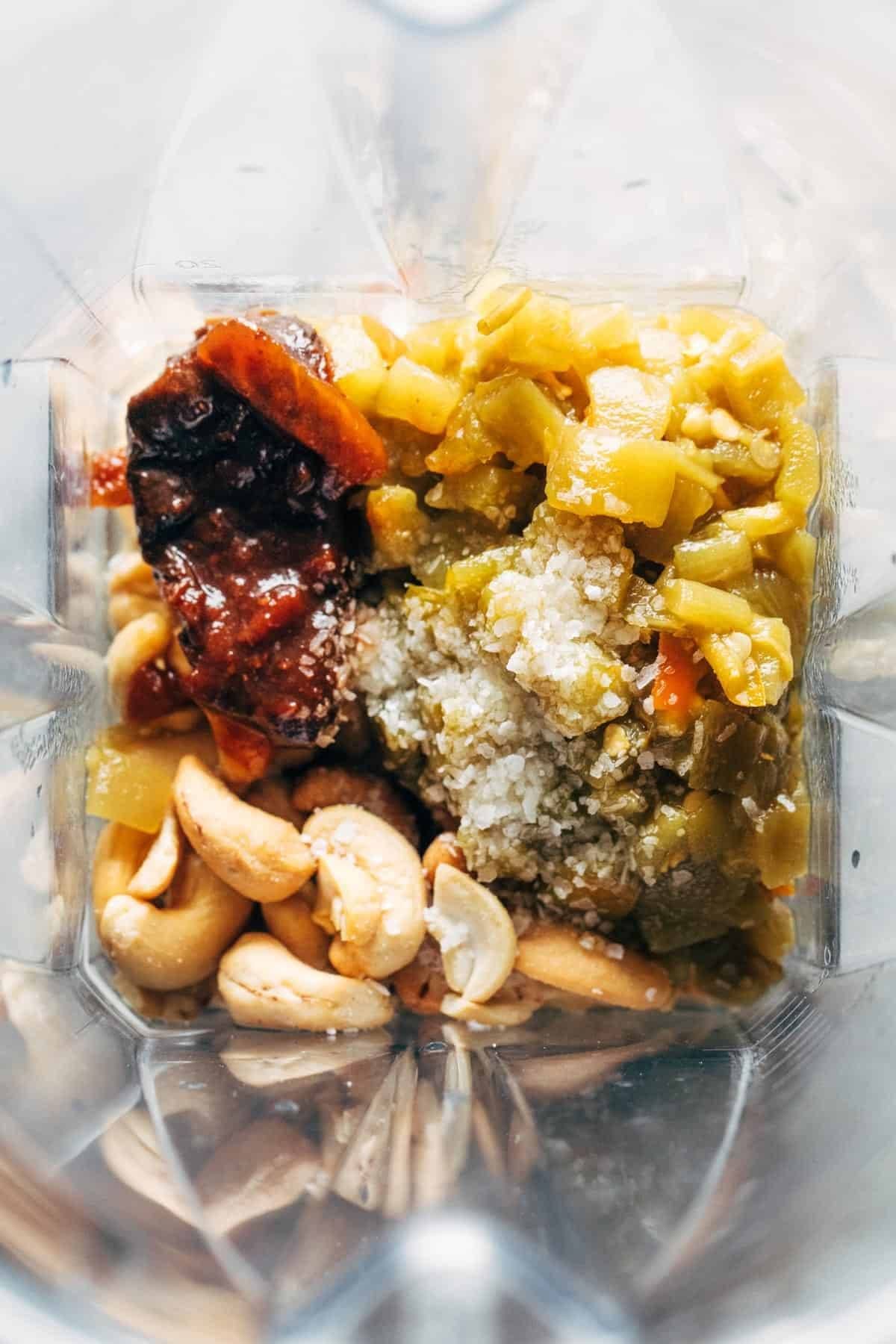 Ingredients for cashew queso in a blender.