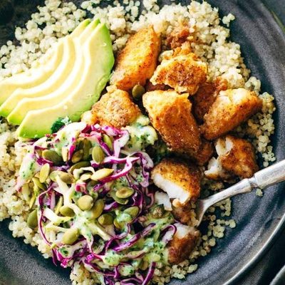 Fish taco bowls with slaw.